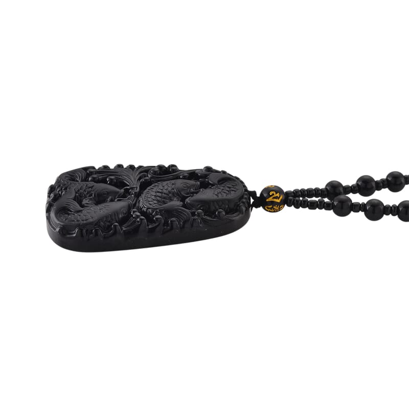Black Obsidian 340.00 ctw Carved Fish Pendant with Beaded Necklace 26 Inches
