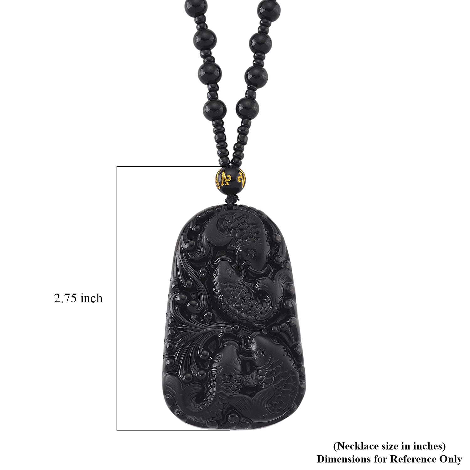 Black Obsidian 340.00 ctw Carved Fish Pendant with Beaded Necklace 26 Inches