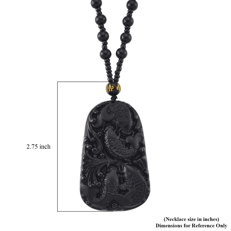 Black Obsidian 340.00 ctw Carved Fish Pendant with Beaded Necklace 26 Inches