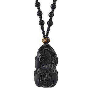 Black Obsidian 340.00 ctw Carved Pixiu Pendant with Beaded Necklace 26 Inches