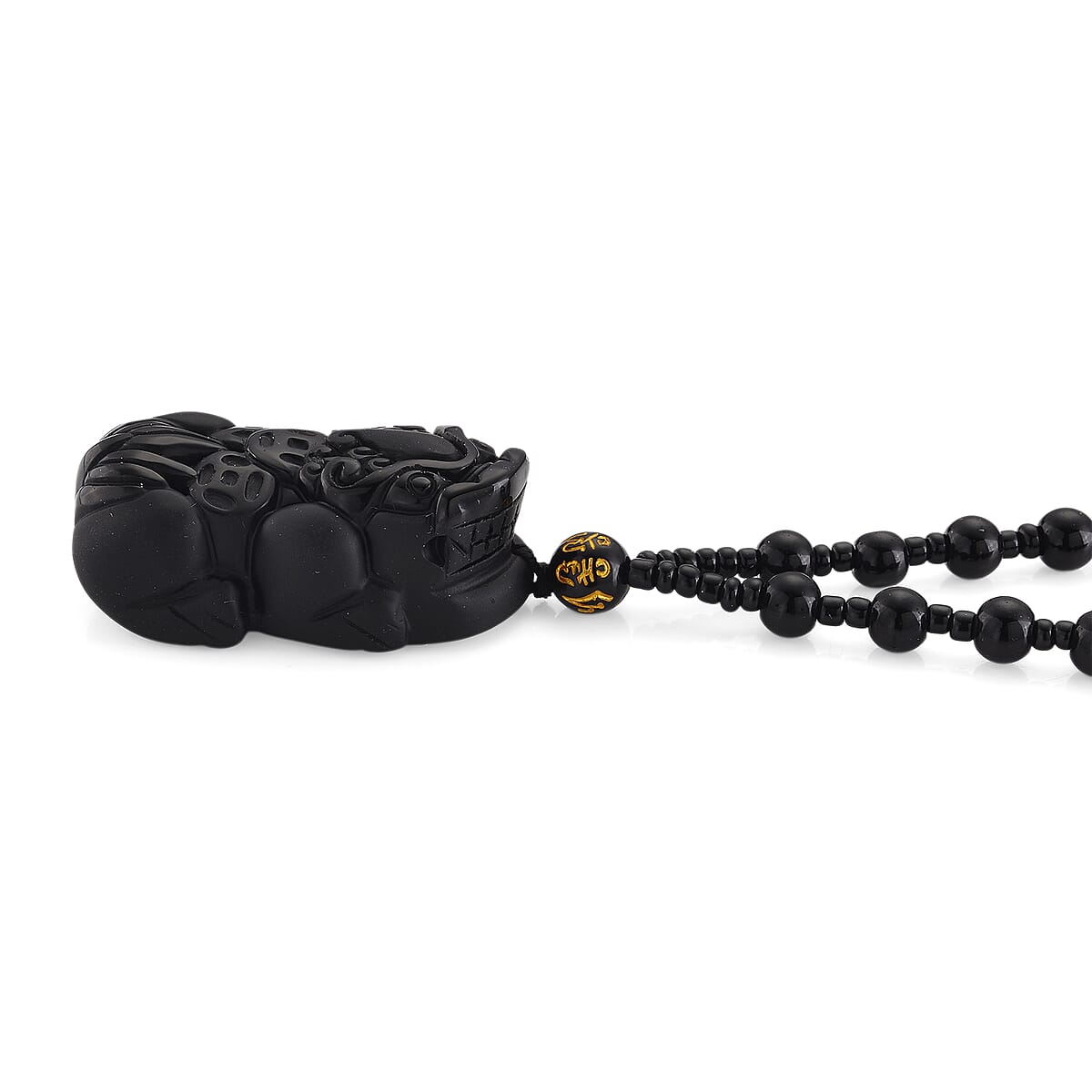 Black Obsidian 340.00 ctw Carved Pixiu Pendant with Beaded Necklace 26 Inches image number 2