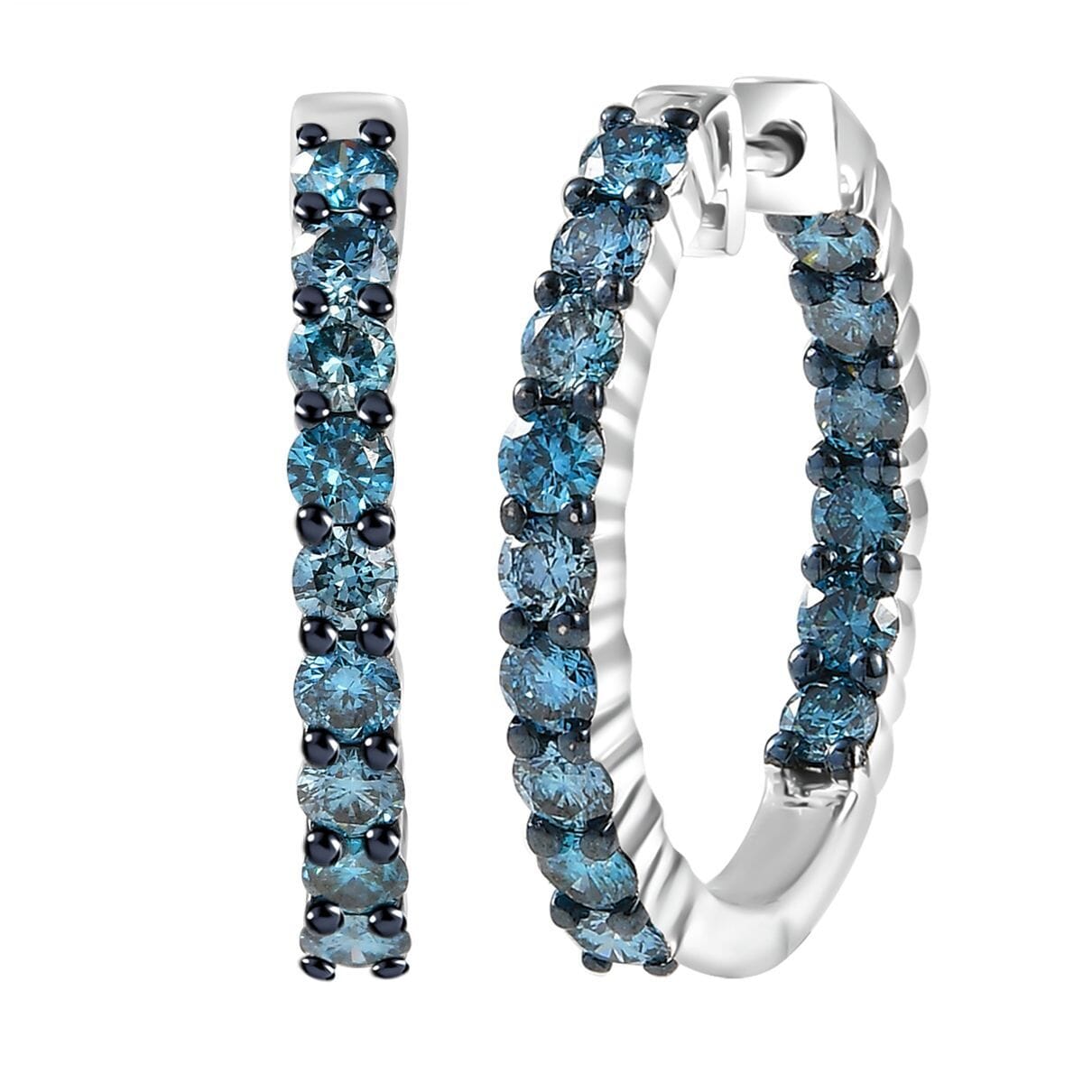 Luxuriant Lab Grown Blue Diamond SI 2.00 ctw Hoop Earrings in Rhodium Over Sterling Silver image number 0
