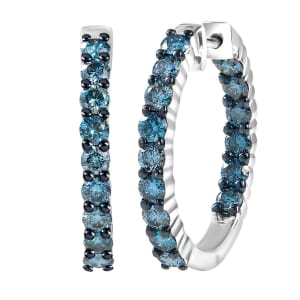 Luxuriant Lab Grown Blue Diamond SI 2.00 ctw Hoop Earrings in Rhodium Over Sterling Silver