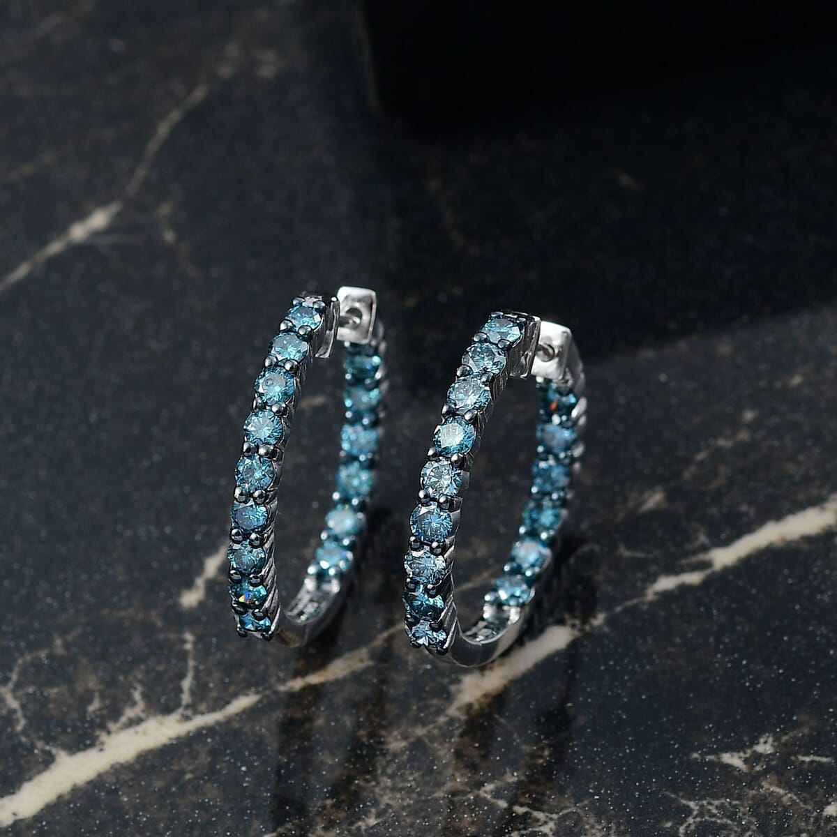 Luxuriant Lab Grown Blue Diamond SI 2.00 ctw Hoop Earrings in Rhodium Over Sterling Silver image number 1