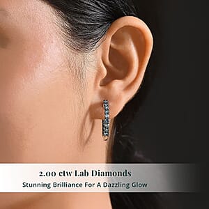 Luxuriant Lab Grown Blue Diamond (IR) SI 2.00 ctw Starry Night Hoop Earrings in Rhodium Over Sterling Silver