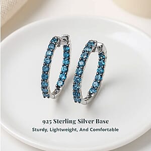 Luxuriant Lab Grown Blue Diamond (IR) SI 2.00 ctw Starry Night Hoop Earrings in Rhodium Over Sterling Silver
