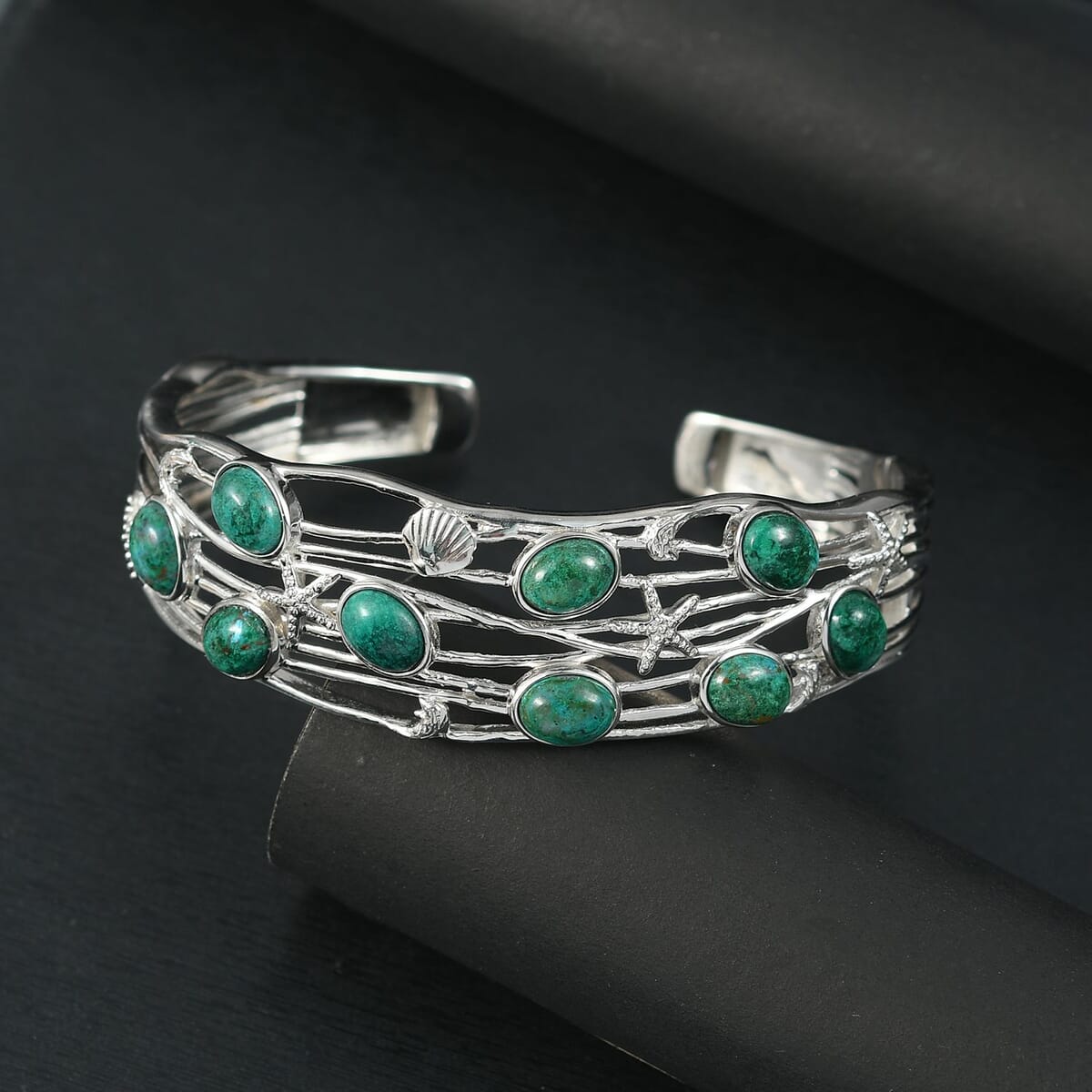 EverTrue Chrysocolla Sea Life Cuff Bracelet 14.70 ctw in Platinum Bond (7.25 In) image number 1