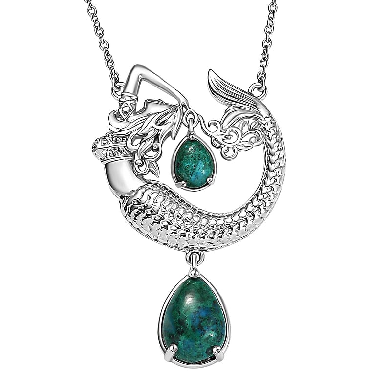 EverTrue Chrysocolla 8.50 ctw Mermaid’s Melody Necklace in Platinum Bond and Stainless Steel 18 Inches
