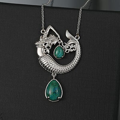 EverTrue Chrysocolla 8.50 ctw Mermaid’s Melody Necklace in Platinum Bond and Stainless Steel 18 Inches