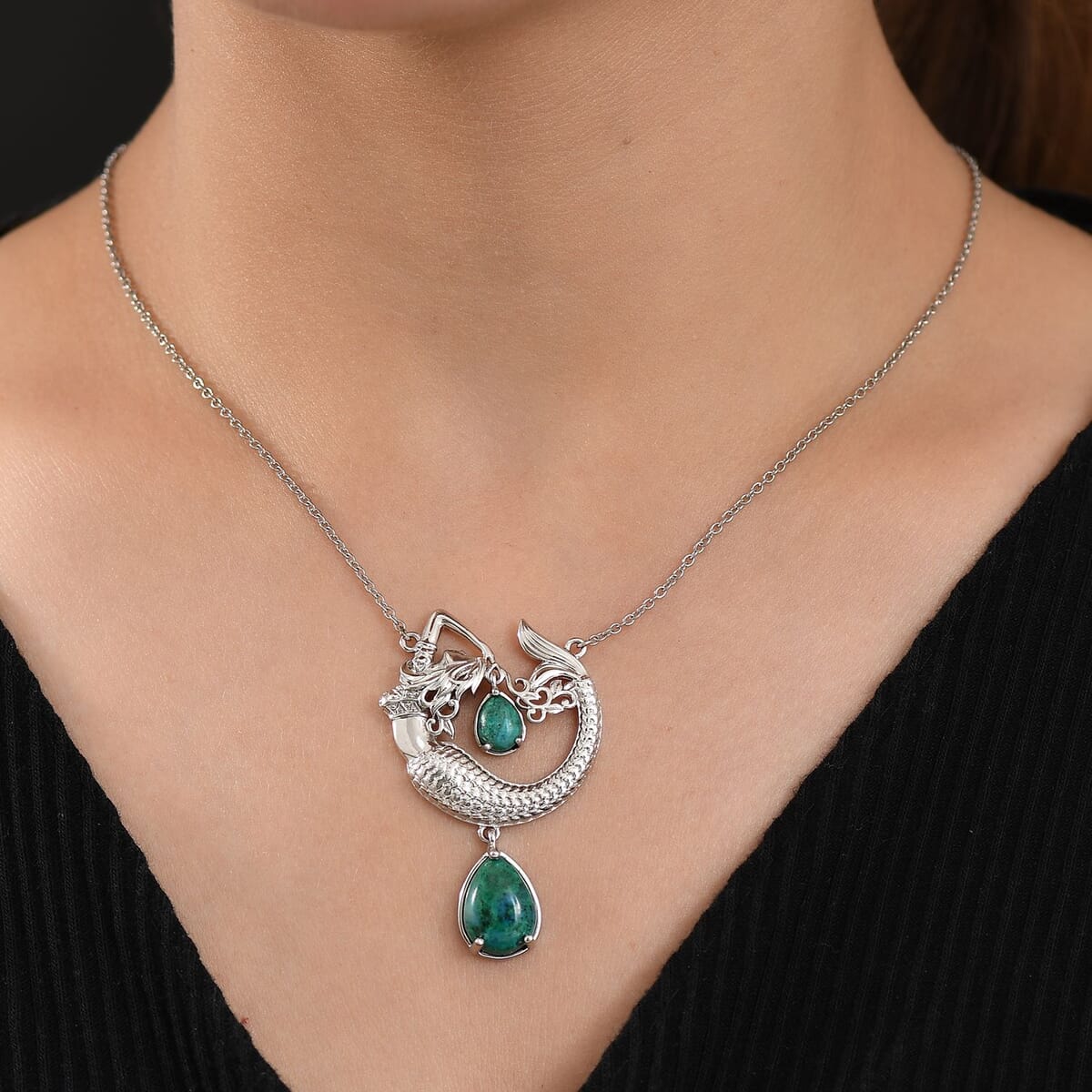 Ever True Chrysocolla 8.50 ctw Mermaid’s Melody Necklace in Platinum Bond and Stainless Steel 18 Inches image number 2