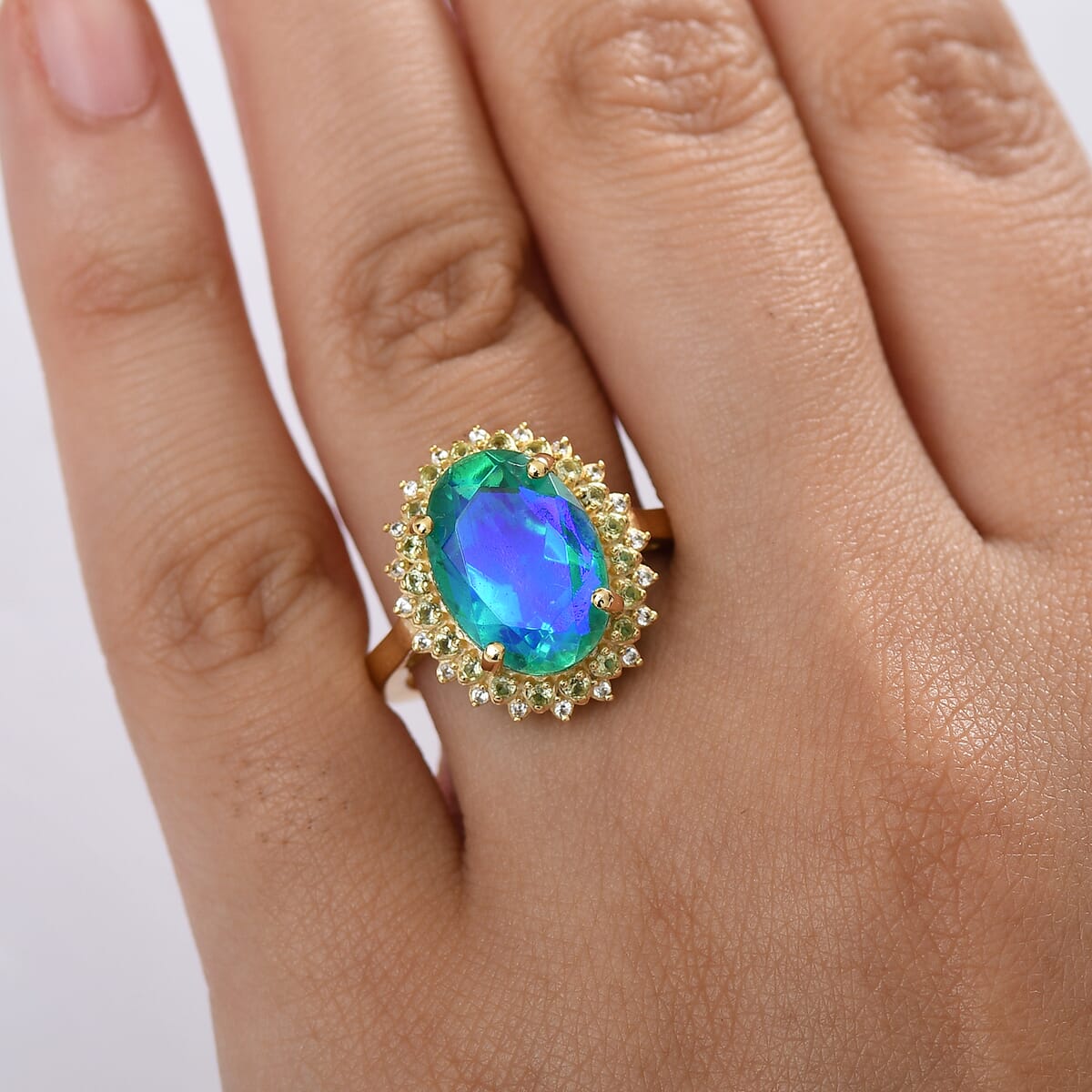 Ever True Peacock Quartz (Triplet) and Multi Gemstone 6.65 ctw Peacock Feathers Ring 18K YG Plated (Size 10.0) image number 2