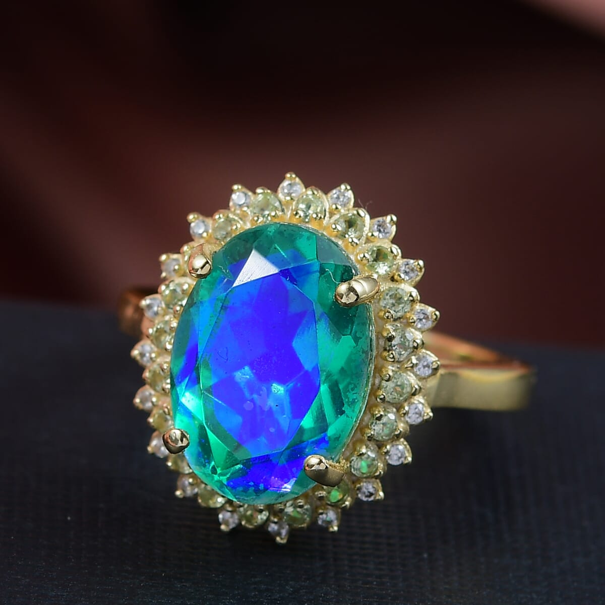 Ever True Peacock Quartz (Triplet) and Multi Gemstone 6.65 ctw Peacock Feathers Ring 18K YG Plated (Size 10.0) image number 1
