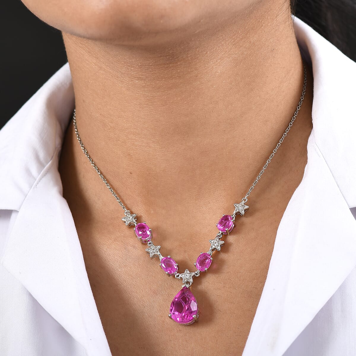 Ever True Radiant Orchid Quartz (Triplet) and White Zircon 15.10 ctw Necklace 18 Inches in Platinum Bond image number 2