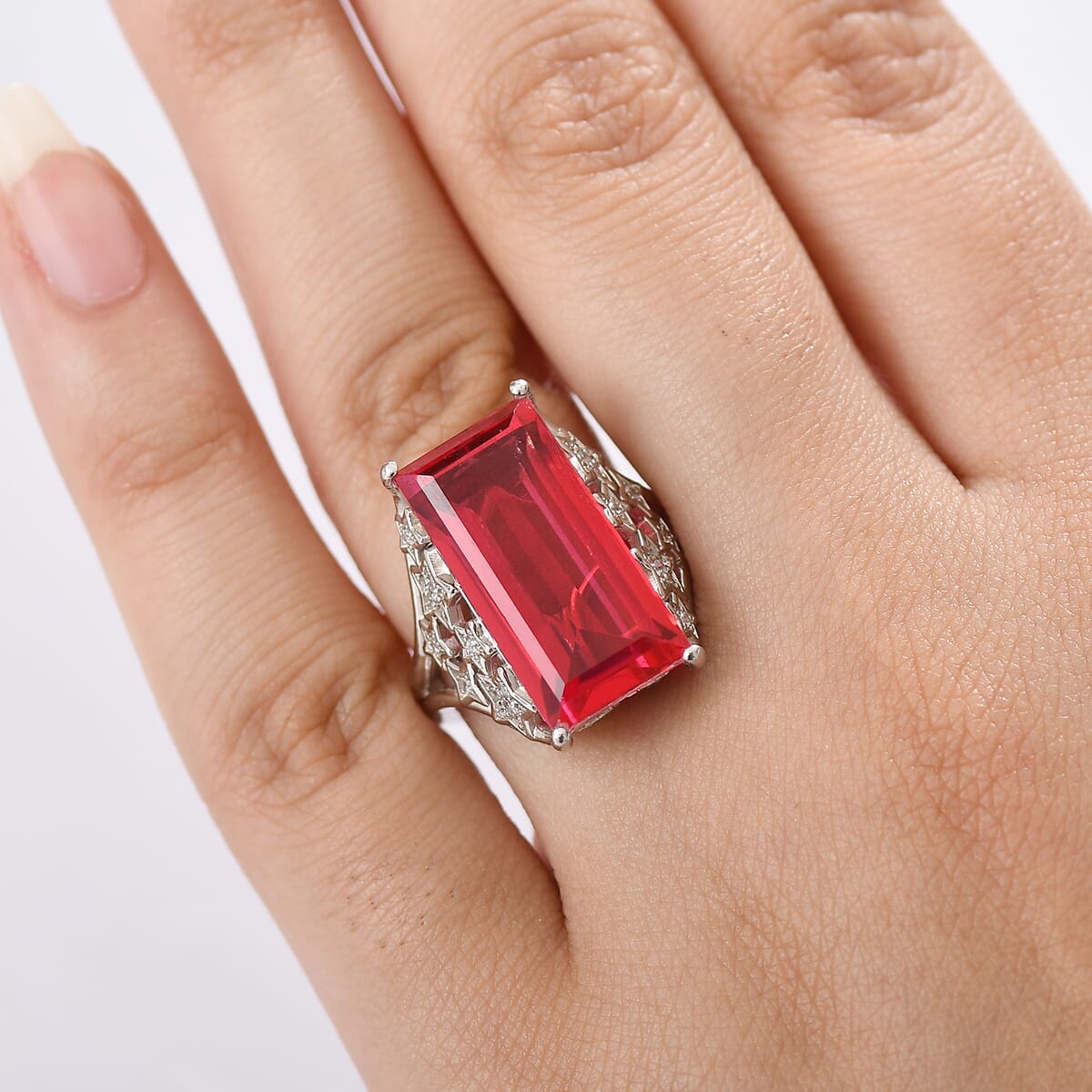 Ever True Blazing Red Quartz (Triplet) and White Zircon 13.25 ctw Ring in Platinum Bond (Size 10.0) image number 2
