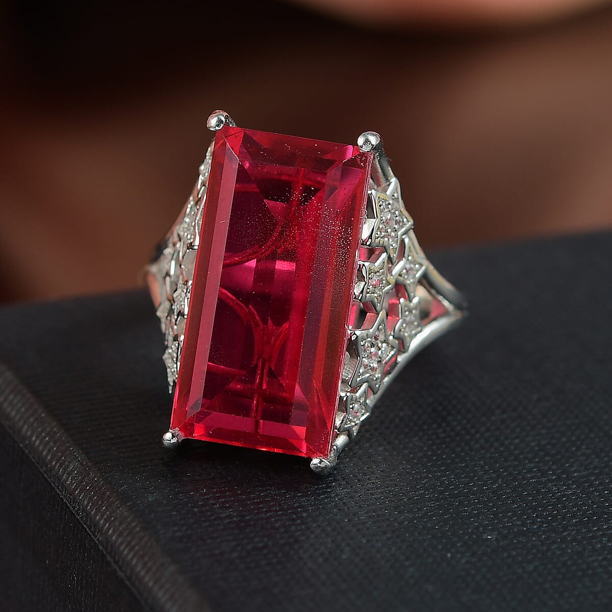 EverTrue Blazing Red Quartz (Triplet) and White Zircon 13.25 ctw Starlight Ring in Platinum Bond (Size 7.0) image number 1