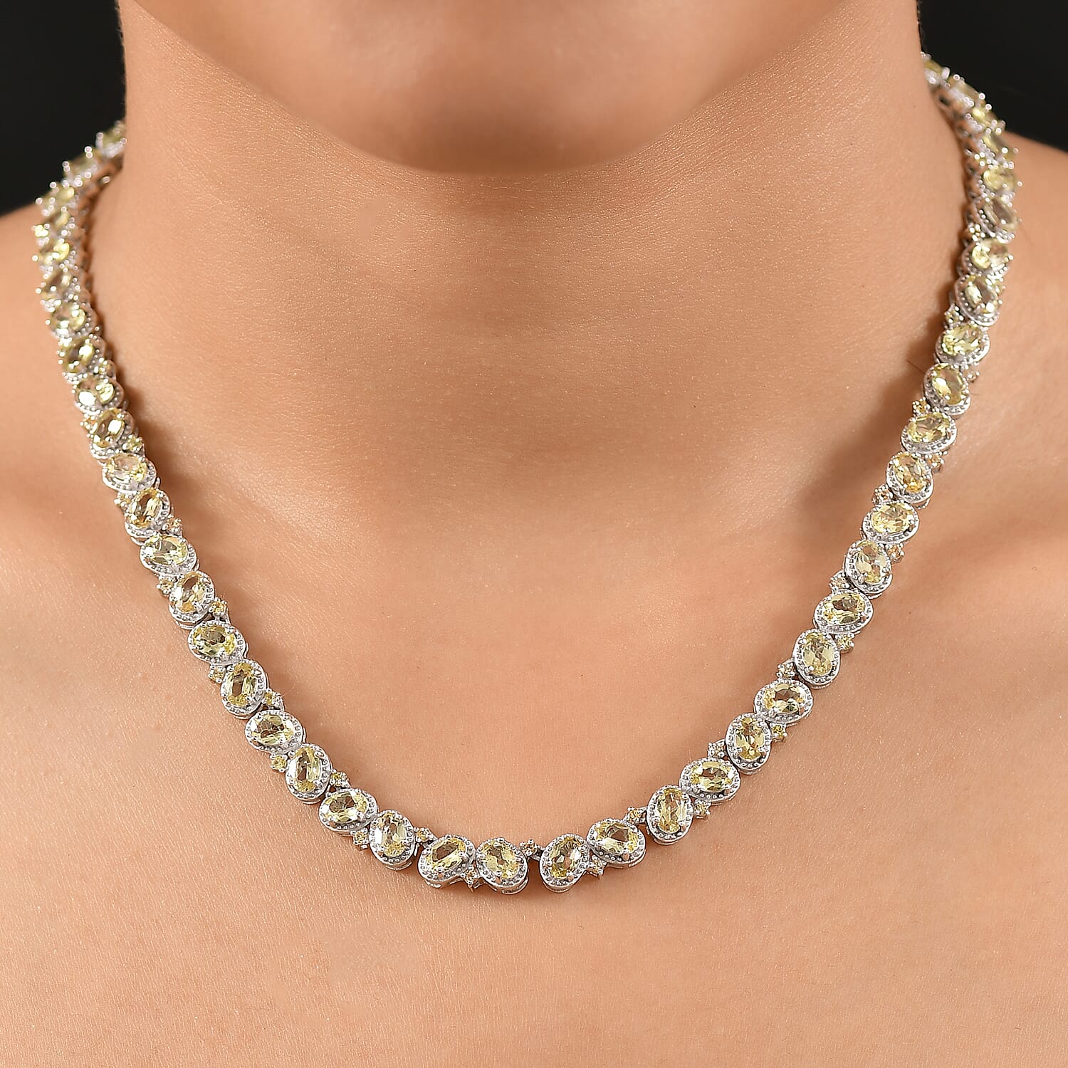 D'Joy Madagascar Yellow Apatite and Yellow Sapphire 31.30 ctw Floral Vine Necklace 18 Inches in Rhodium Over Sterling Silver