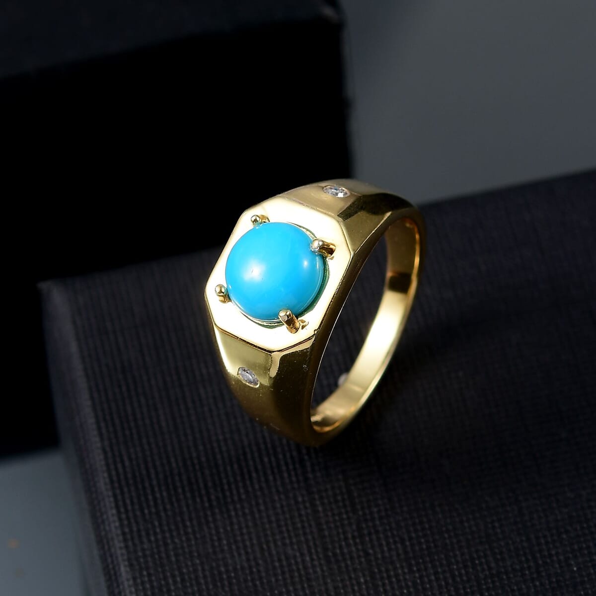Ever True Sleeping Beauty Turquoise and Moissanite 2.50 ctw Art Deco Men's Ring in 18K YG Plated (Size 11.0) image number 1