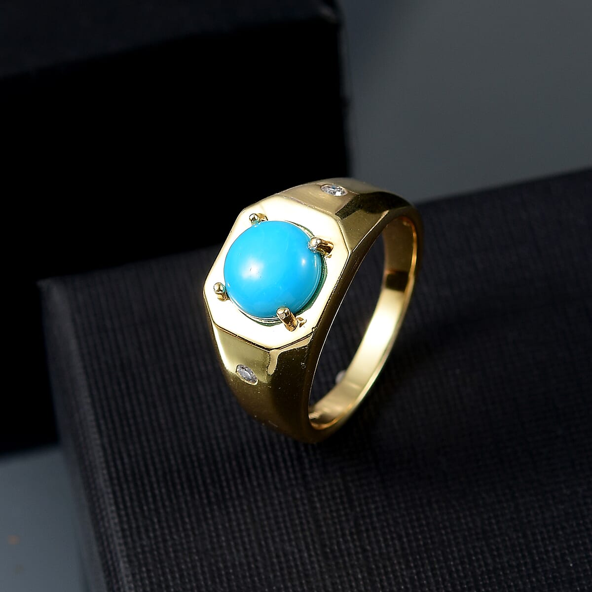 EverTrue Sleeping Beauty Turquoise and Moissanite 2.50 ctw Art Deco Men's Ring in 18K YG Plated (Size 12.0) image number 1