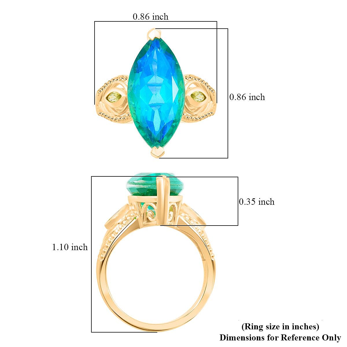 EverTrue Peacock Quartz (Triplet) and Peridot 8.50 ctw Peacock Feather Ring 18K YG Plated (Size 10.0)