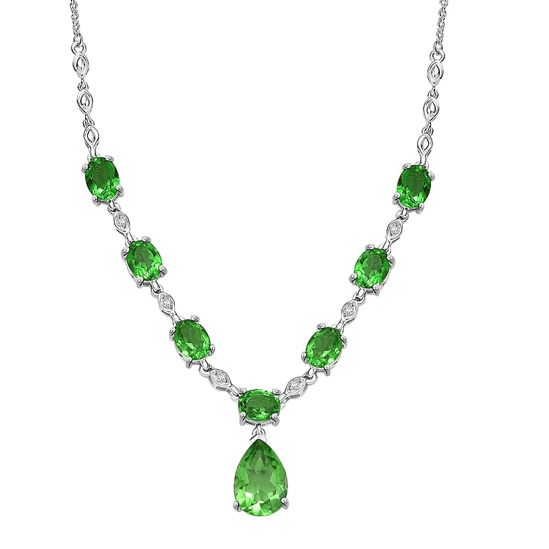 EverTrue Chartreuse Quartz (Triplet) and White Zircon 15.70 ctw Drop Necklace 18-20 Inches in Platinum Bond