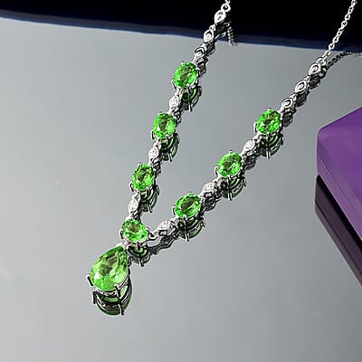 EverTrue Chartreuse Quartz (Triplet) and White Zircon 15.70 ctw Drop Necklace 18-20 Inches in Platinum Bond
