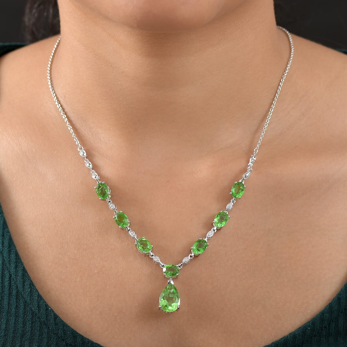 Ever True Chartreuse Quartz (Triplet) and White Zircon 15.70 ctw Drop Necklace 18-20 Inches in Platinum Bond image number 2