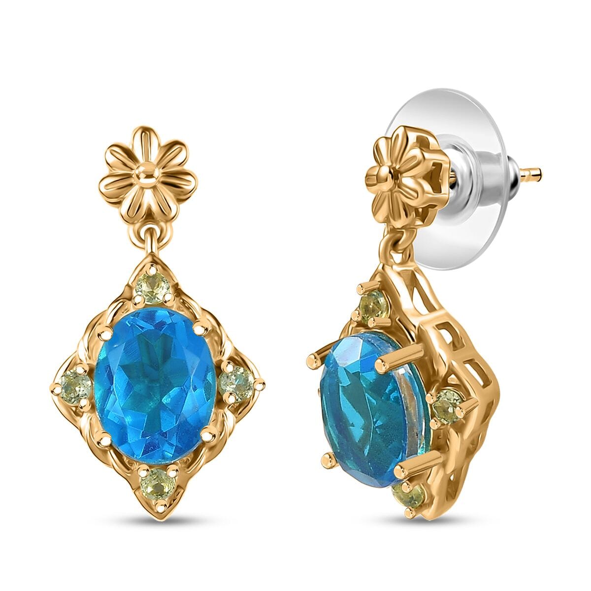 EverTrue Caribbean Quartz (Triplet) and Peridot 4.40 ctw Floral Earrings in 18K YG Plated image number 0