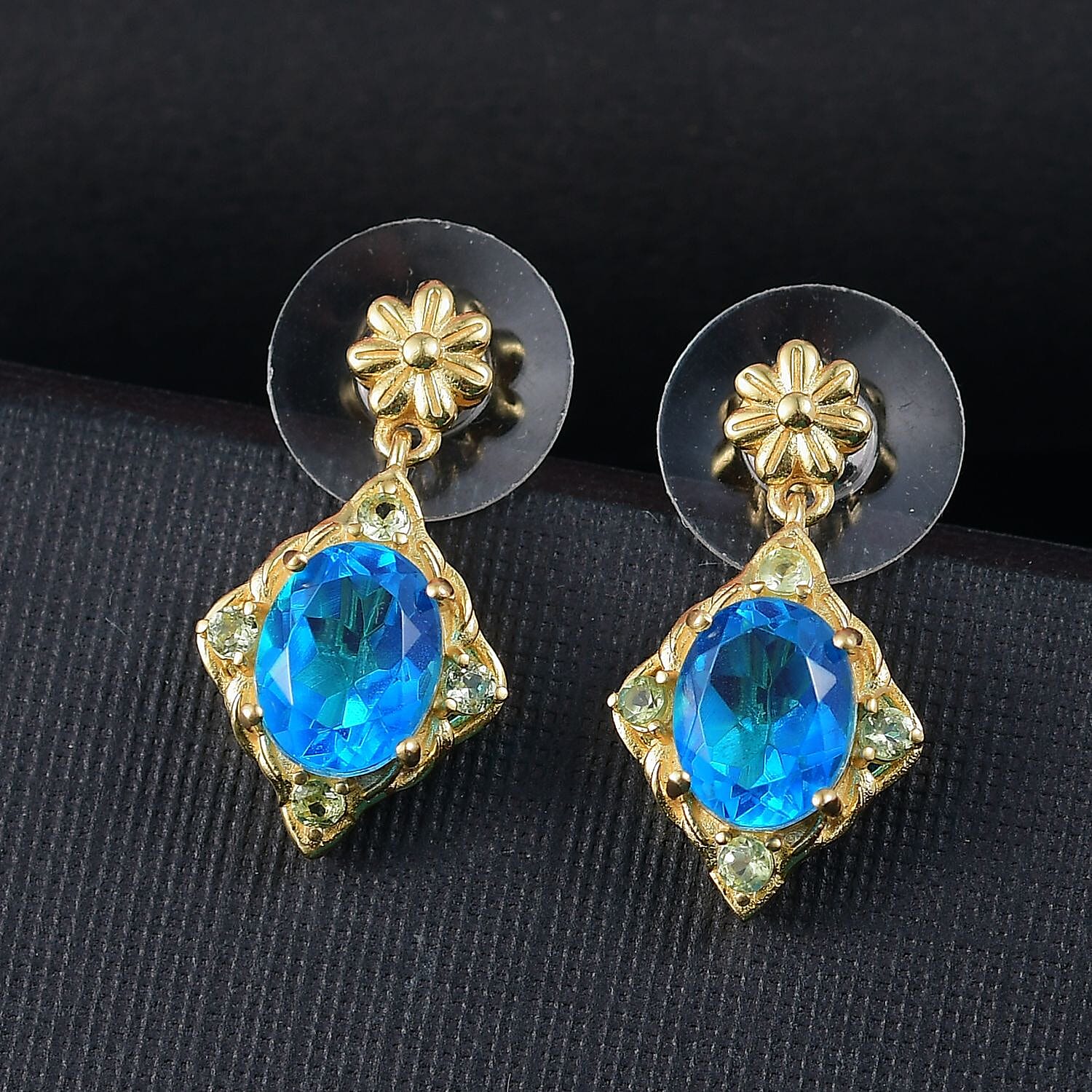 EverTrue Caribbean Quartz (Triplet) and Peridot 4.40 ctw Floral Earrings in 18K YG Plated