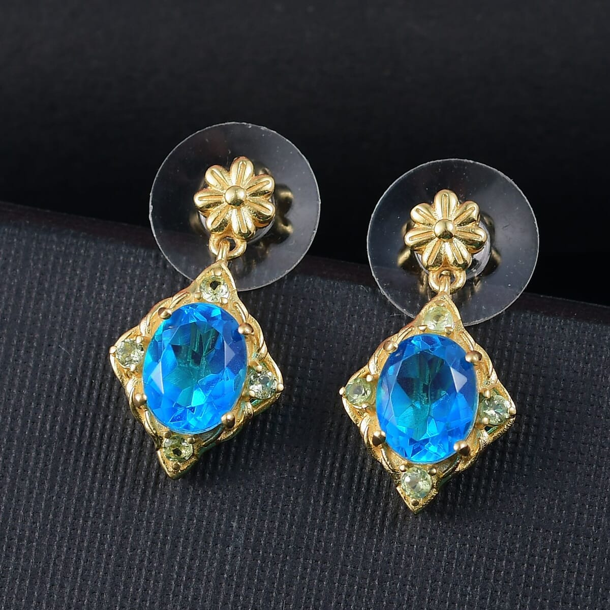 EverTrue Caribbean Quartz (Triplet) and Peridot 4.40 ctw Floral Earrings in 18K YG Plated image number 1