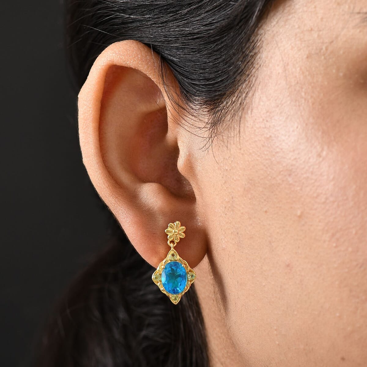 EverTrue Caribbean Quartz (Triplet) and Peridot 4.40 ctw Floral Earrings in 18K YG Plated image number 2