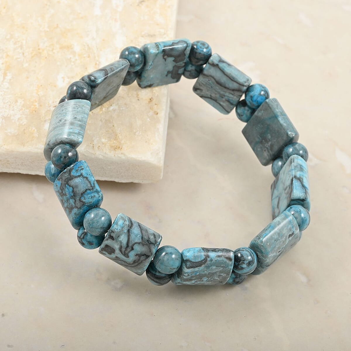 Blue Quartz 163.00 ctw Block and Beaded Stretch Bracelet image number 1