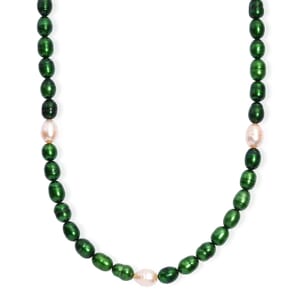Green Pearl (D) and Freshwater Pearl Necklace in Rhodium Over Sterling Silver 20 Inches