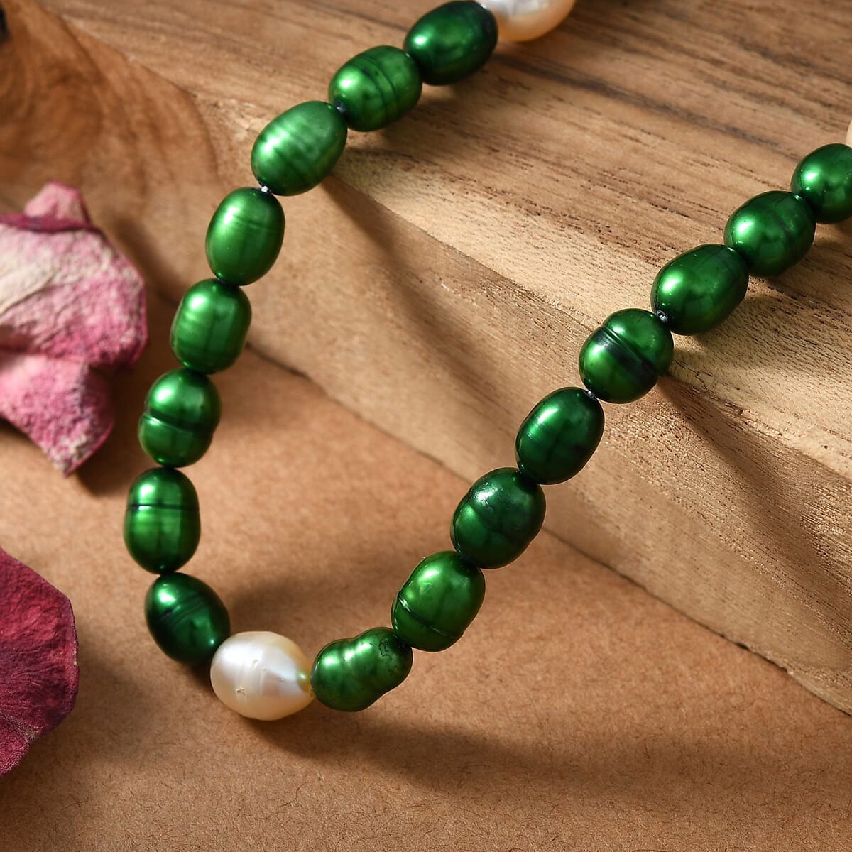 Green Pearl (D) and Freshwater Pearl Necklace in Rhodium Over Sterling Silver 20 Inches image number 1
