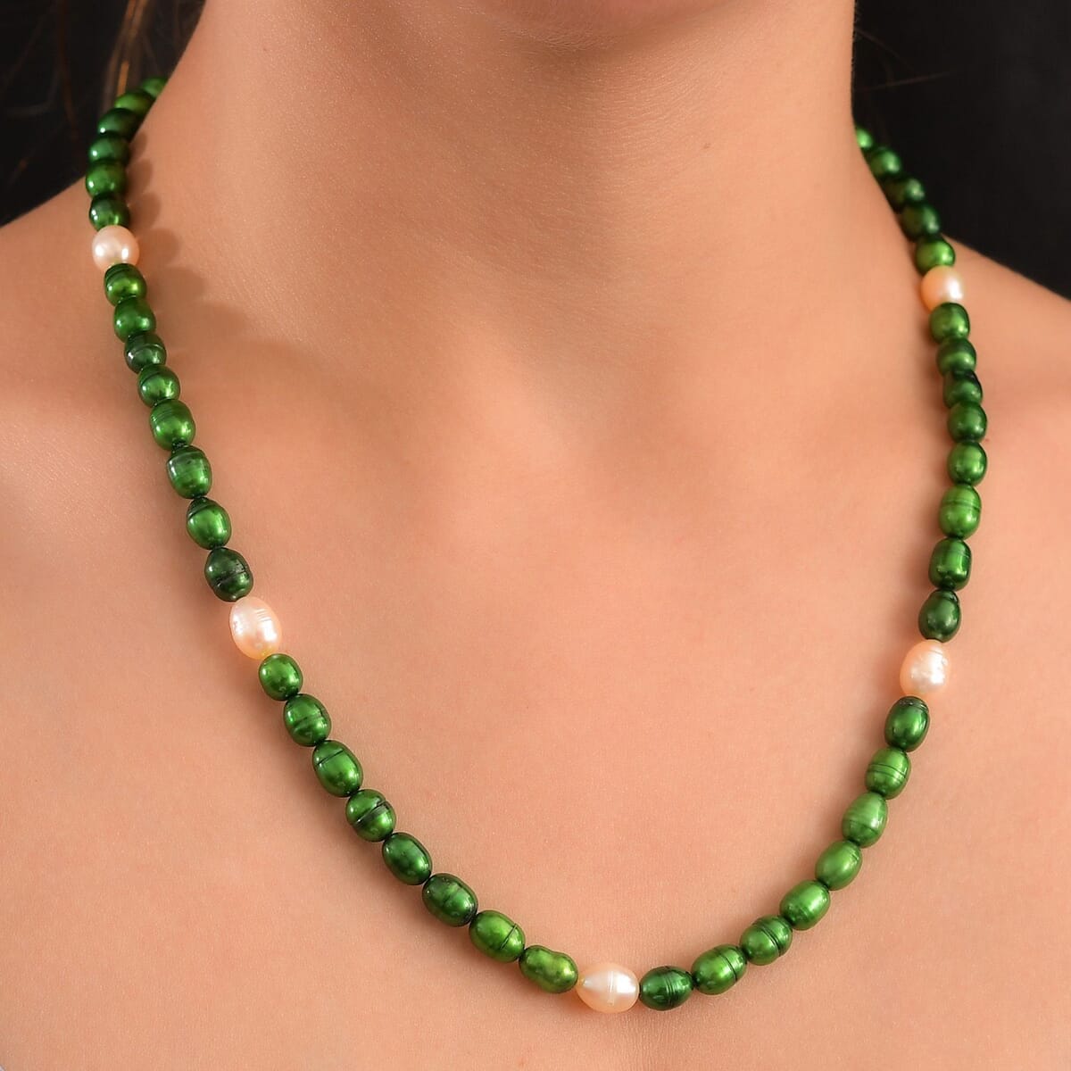 Green Pearl (D) and Freshwater Pearl Necklace in Rhodium Over Sterling Silver 20 Inches image number 2