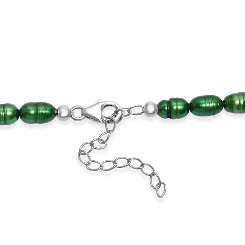 Green Pearl (D) and Freshwater Pearl Necklace in Rhodium Over Sterling Silver 20 Inches