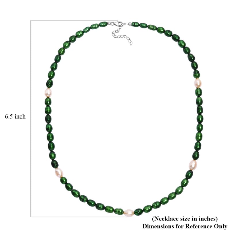 Green Pearl (D) and Freshwater Pearl Necklace in Rhodium Over Sterling Silver 20 Inches