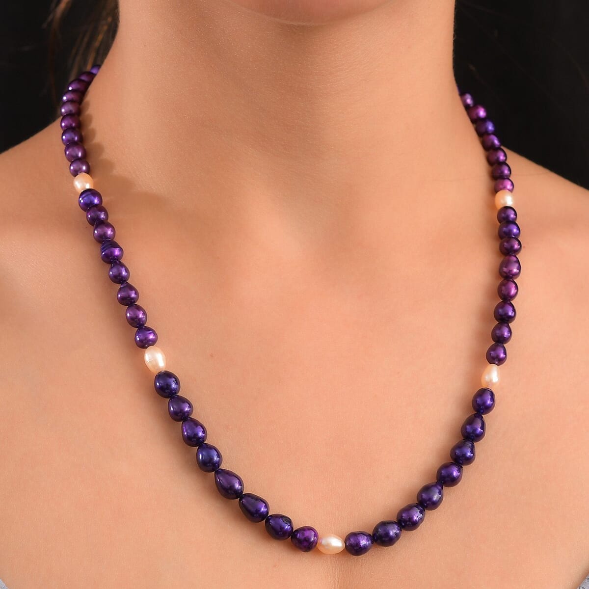 Purple Pearl (D) and Freshwater Pearl Necklace in Rhodium Over Sterling Silver 20 Inches image number 2