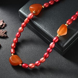 Carnelian 150.00 ctw and Pink Freshwater Pearl (D) Necklace in Stainless Steel 24 Inches