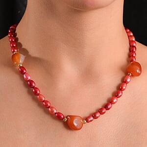 Carnelian 150.00 ctw and Pink Freshwater Pearl (D) Necklace in Stainless Steel 24 Inches
