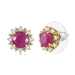 D'Joy AAA Royal Ruby, Paraiba Tourmaline and Diamond 2.75 ctw Sunflower Stud Earrings in 18K Vermeil Yellow Gold Over Sterling Silver