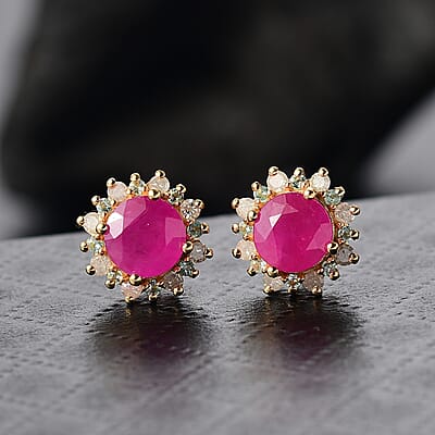 D'Joy AAA Royal Ruby, Paraiba Tourmaline and Diamond 2.75 ctw Sunflower Stud Earrings in 18K Vermeil Yellow Gold Over Sterling Silver