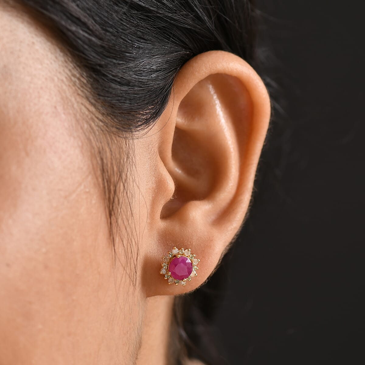 D'Joy AAA Royal Ruby, Paraiba Tourmaline and Diamond 2.75 ctw Sunflower Stud Earrings in 18K Vermeil Yellow Gold Over Sterling Silver image number 2