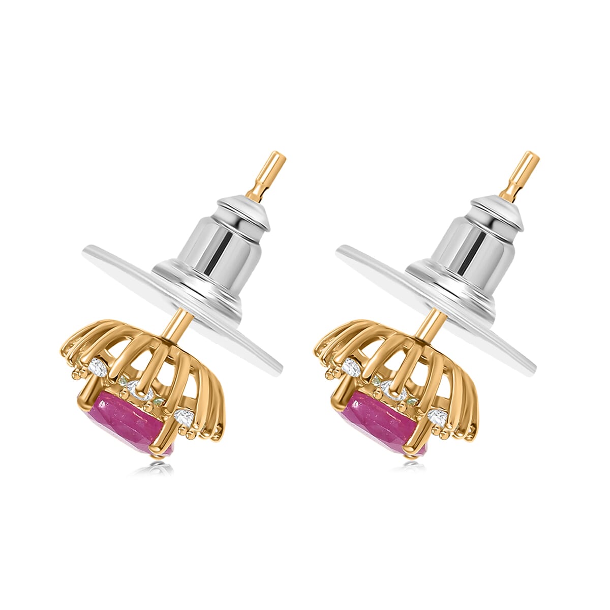 D'Joy AAA Royal Ruby, Paraiba Tourmaline and Diamond 2.75 ctw Sunflower Stud Earrings in 18K Vermeil Yellow Gold Over Sterling Silver image number 3