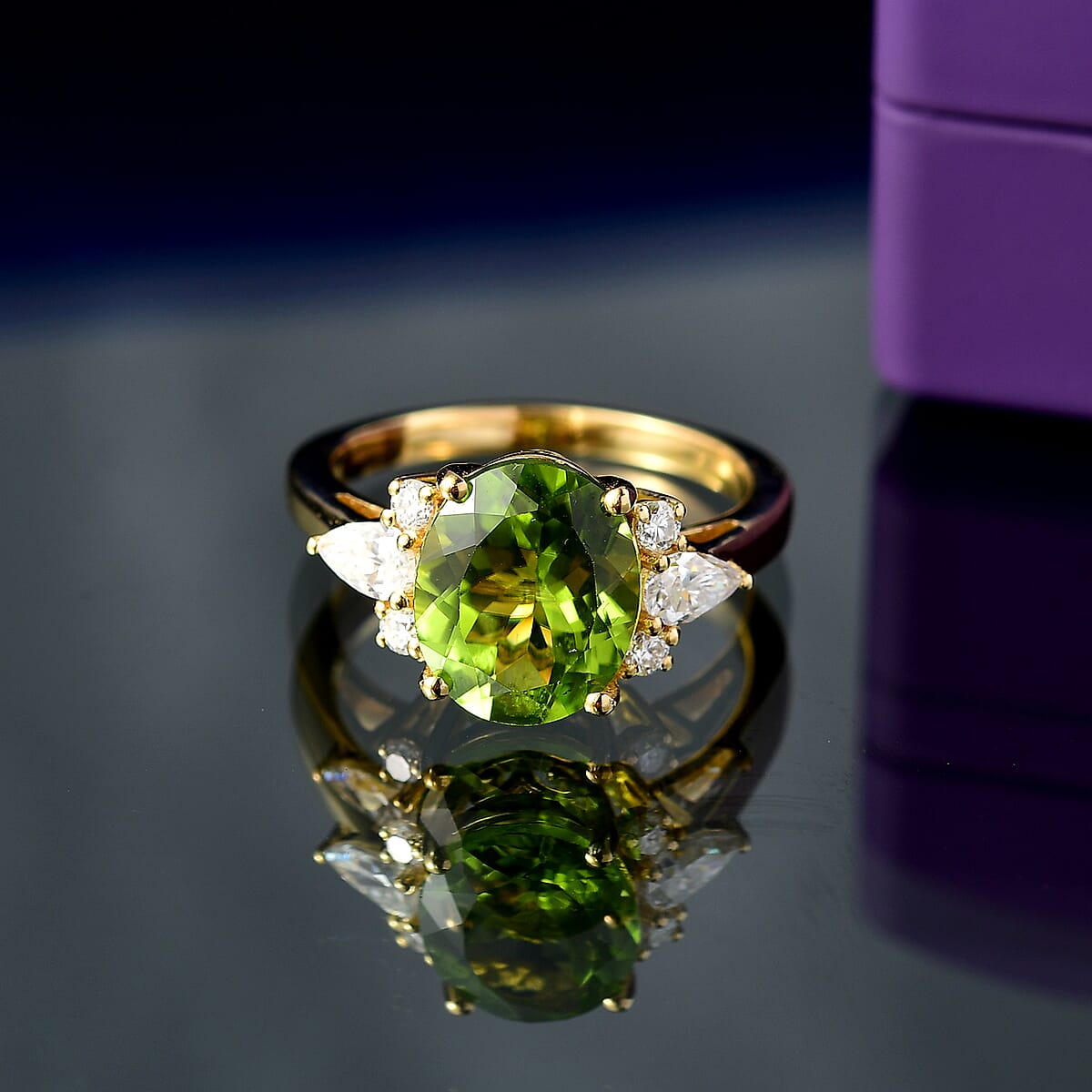 D'Joy Premium Hebei Peridot and Moissanite 4.25 ctw Celestial Radiance Ring in 18K Vermeil Yellow Gold Over Sterling Silver (Size 7.0) image number 1