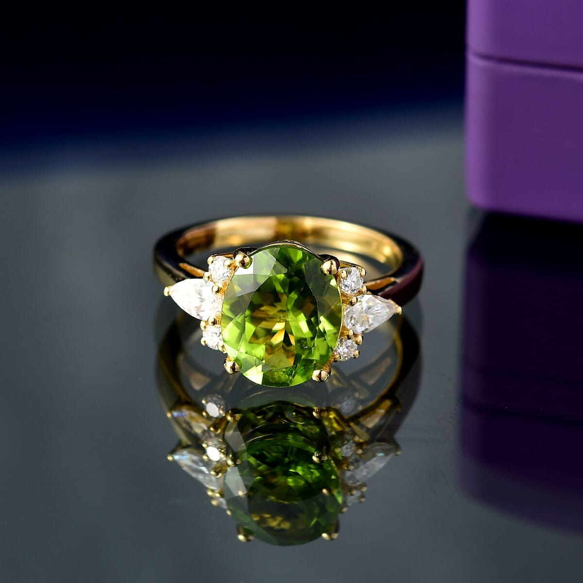 D'Joy Peridot and Moissanite 4.25 ctw Ring in 18K Vermeil Yellow Gold Over Sterling Silver (Size 8.0)  image number 1