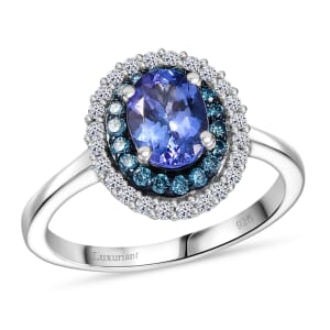 Premium Tanzanite, Luxuriant Lab Grown Blue and White Diamond 1.45 ctw Twilight Reverie Ring in Rhodium Over Sterling Silver (Size 10.0)