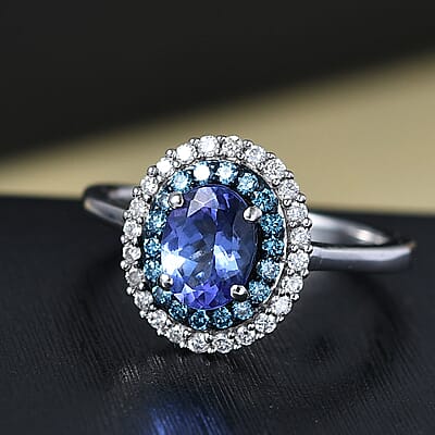 Premium Tanzanite, Luxuriant Lab Grown Blue Diamond (IR) and Lab Grown White Diamond 1.45 ctw Twilight Reverie Ring in Rhodium Over Sterling Silver (Size 10.0)