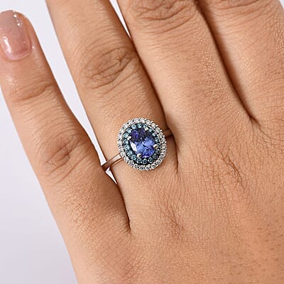 Premium Tanzanite, Luxuriant Lab Grown Blue Diamond (IR) and Lab Grown White Diamond 1.45 ctw Twilight Reverie Ring in Rhodium Over Sterling Silver (Size 10.0)
