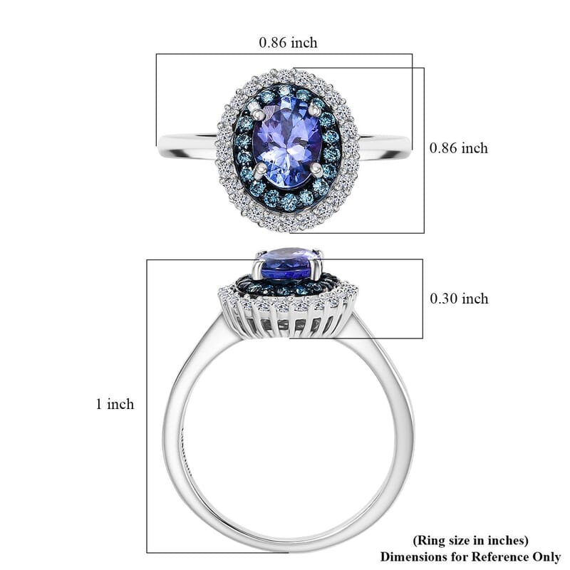Premium Tanzanite, Luxuriant Lab Grown Blue Diamond (IR) and Lab Grown White Diamond 1.45 ctw Twilight Reverie Ring in Rhodium Over Sterling Silver (Size 10.0)