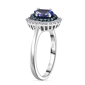 Premium Tanzanite, Luxuriant Lab Grown Blue Diamond (IR) and Lab Grown White Diamond 1.45 ctw Twilight Reverie Ring in Rhodium Over Sterling Silver (Size 7.0)